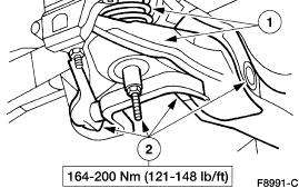 2007 Ford Mustang - Service drawing of a suspension control arm with torque specification 164-200 Nm (121-148 lb-ft) and numbered callouts.