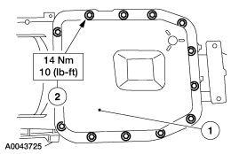 2007 Ford Mustang - Service drawing of an oil pan with bolt pattern and torque specification 14 Nm (10 lb-ft).