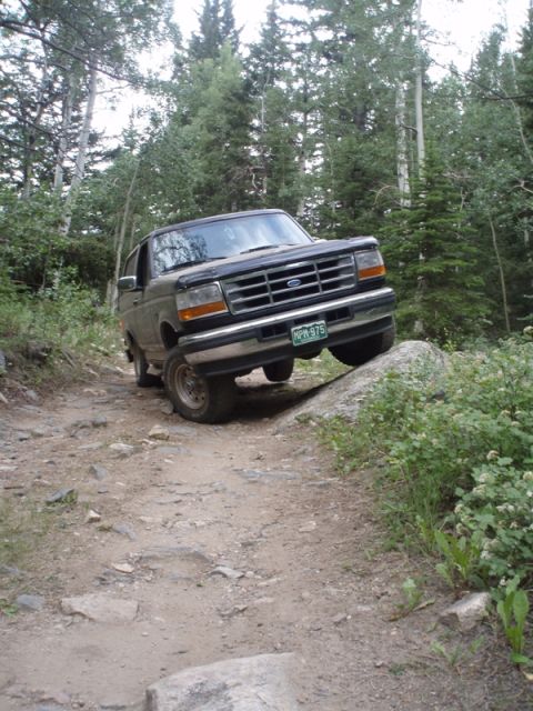1996 Ford Bronco - Ford Bronco navigating a challenging off-road path through a wooded area.