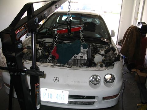 1994 Acura Integra - Engine hoist is positioned over a white Acura Integra with its engine partially removed for repair.