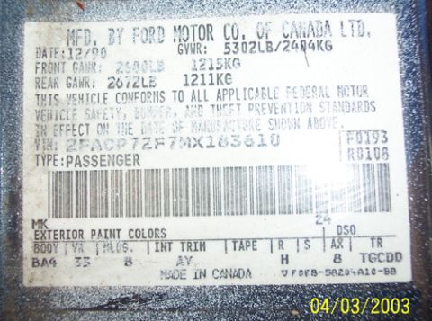 1991 Ford Crown Victoria LTD - Door Tag