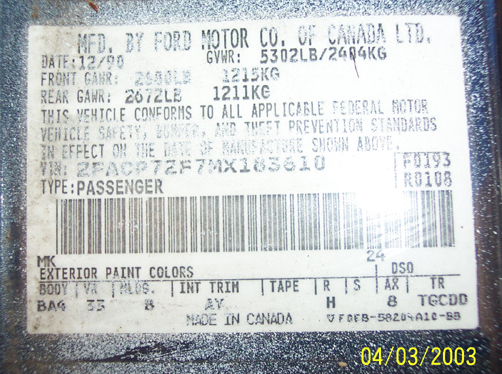 Ford door certification VIN label, made in Canada, date 12/00, VIN 2FACP72F7MX103810