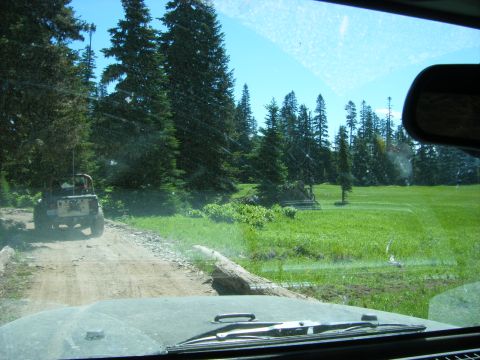2005 Jeep Wrangler - A tan Jeep Wrangler is driving on a dirt road through a forest with a large grassy field to the right. The view is from inside another vehi…