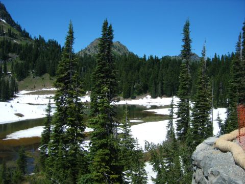 2005 Jeep Wrangler - A scenic mountain landscape with snow patches, evergreen trees, and a clear blue sky.