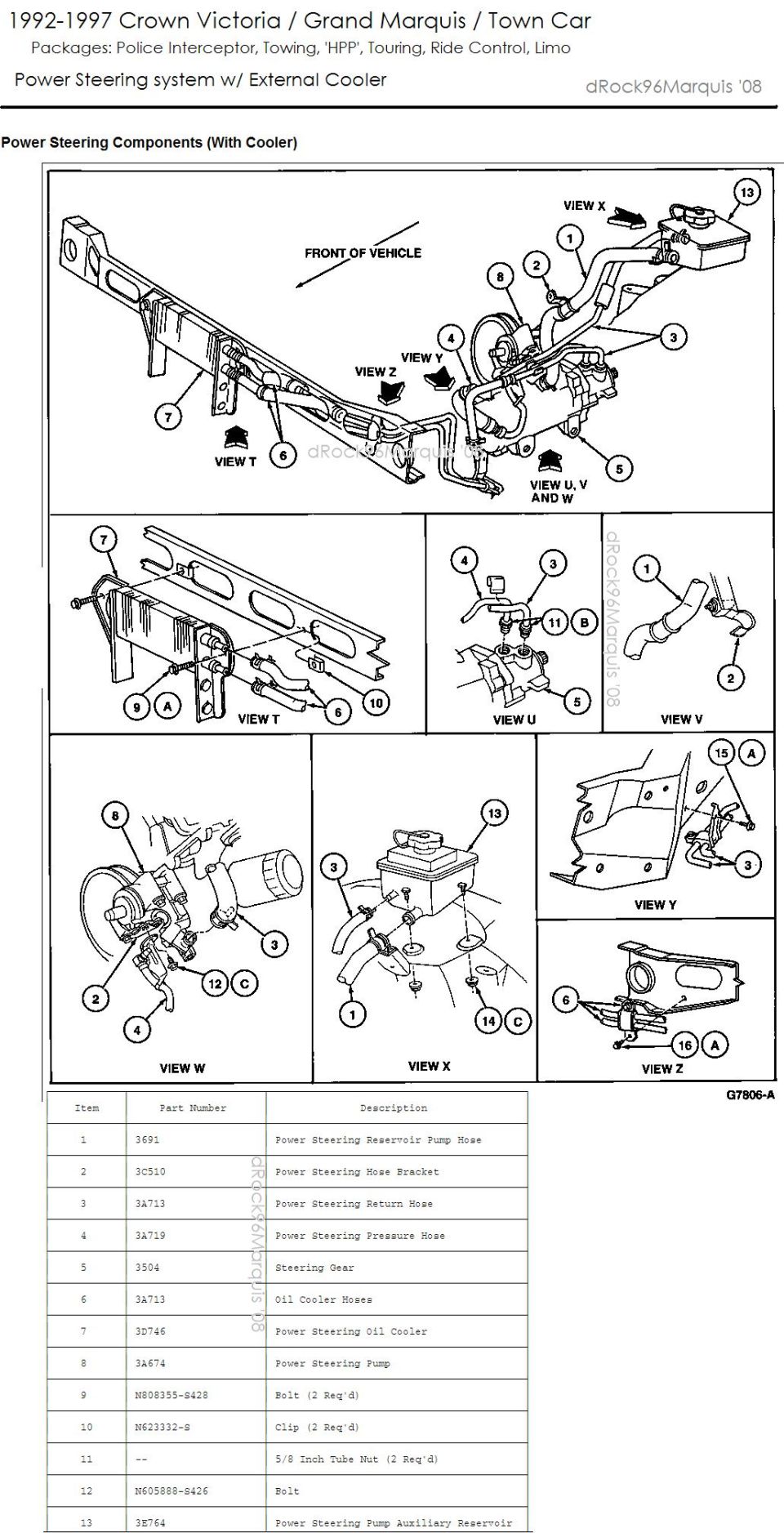 '92-97 Crown Victoria, Grand Marquis and Town Car power steering with external cooler exploded views