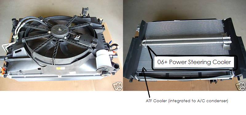 Radiator/fan cooling module with labeled power steering and ATF coolers