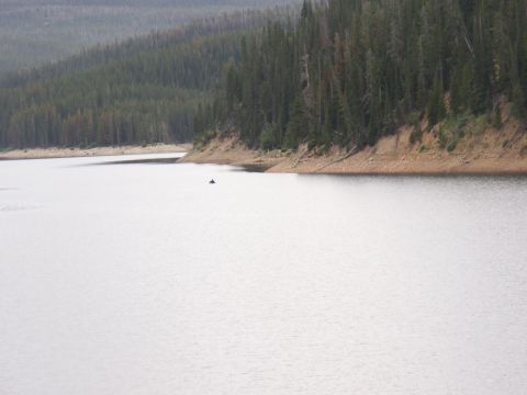 1986 Ford Bronco - A lone kayak glides across a calm lake surrounded by dense pine forests.