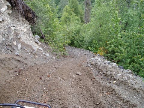 2000 Ford E350 - Navigating a rough, muddy trail through a wooded area with a steep embankment.