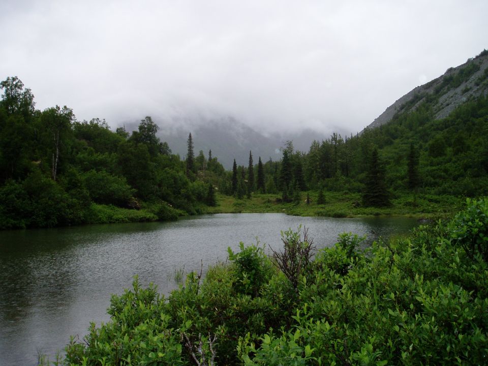 A lake surrounded by trees and mountains on a cloudy day.