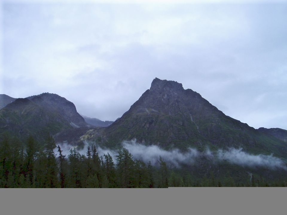 Mountain range with forest in the foreground under a cloudy sky.