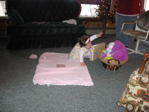2000 Ford Crown Victoria - A baby reaches for a gift basket on the floor near a couch.