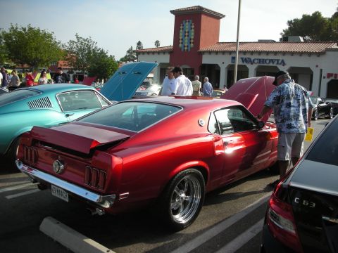 1998 Ford Crown Victoria - Photograph of a red 1969 Ford Mustang fastback among other cars at an outdoor car show.