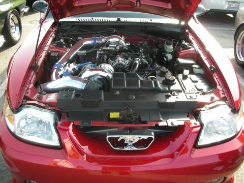 1998 Ford Crown Victoria - Photograph of the engine bay of a red Mustang showing a supercharger and underhood components, not a technical document.