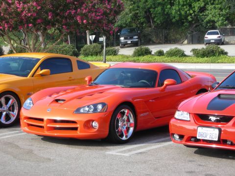 1998 Ford Crown Victoria - Photograph of an orange Dodge Viper parked between other sports cars at a car show, not a technical document.