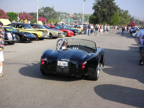 1998 Ford Crown Victoria - Rear view of a black Shelby Cobra roadster with EVLSNKE plate among rows of show cars.
