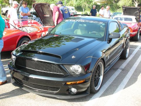 1998 Ford Crown Victoria - Front three-quarter view of a black Shelby GT500 Mustang at an outdoor car gathering.