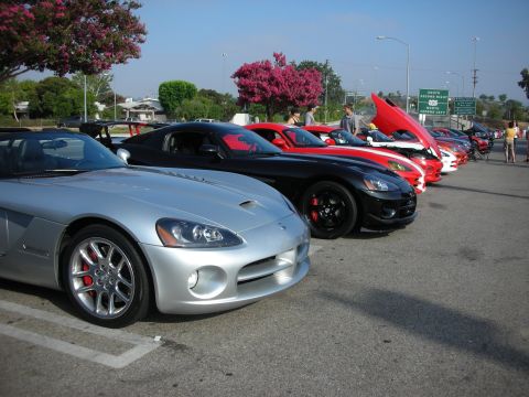 1998 Ford Crown Victoria - lineup of Dodge Viper sports cars in silver, black and red parked in a row at a sunny outdoor car meet.