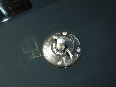 1998 Ford Crown Victoria - Close-up photograph of a chrome Shelby hood pin fastener on a car body panel, not a technical document.
