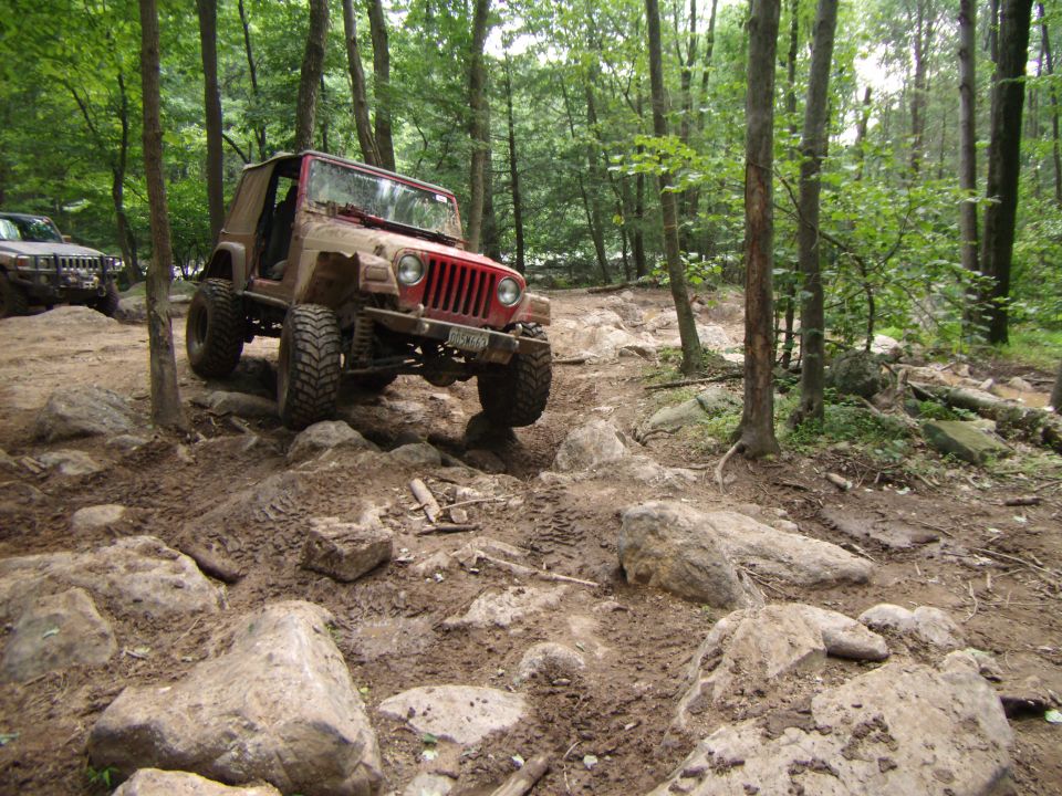 Red Jeep Wrangler navigating a rocky, wooded trail. Another SUV is visible in the background