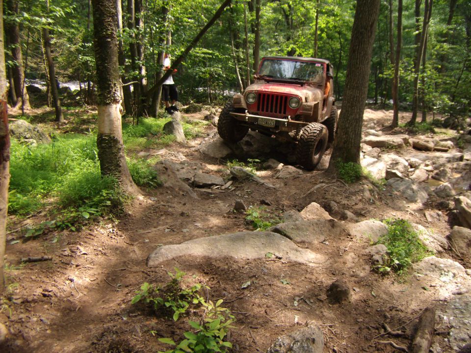 Red Jeep Wrangler navigating a rocky trail in a forest. The vehicle has large off-road tires and appears to be lifted
