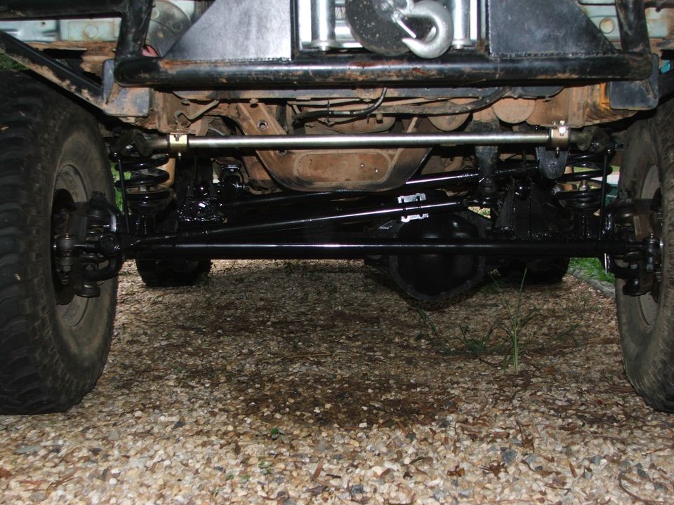 Undercarriage view of a vehicle's front suspension and steering components