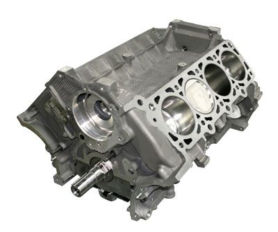2007 Ford Mustang - Photograph of a bare aluminum engine short block shown on a white background.