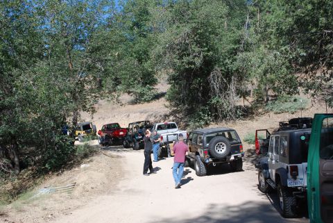 1996 Ford Bronco - A group of off-road vehicles are parked on a dirt road surrounded by trees. Several Jeep Wranglers and a red Ford Bronco are visible, with…