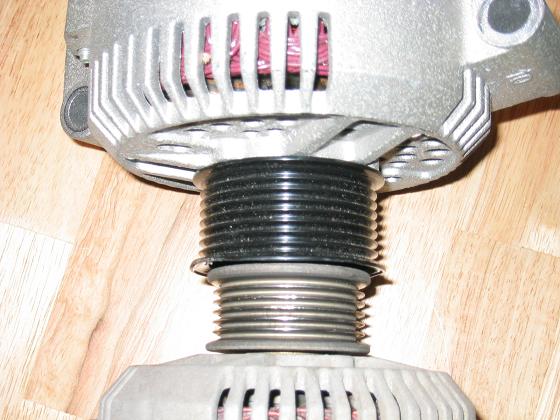 Alternator pulley assembly with ribbed belt grooves