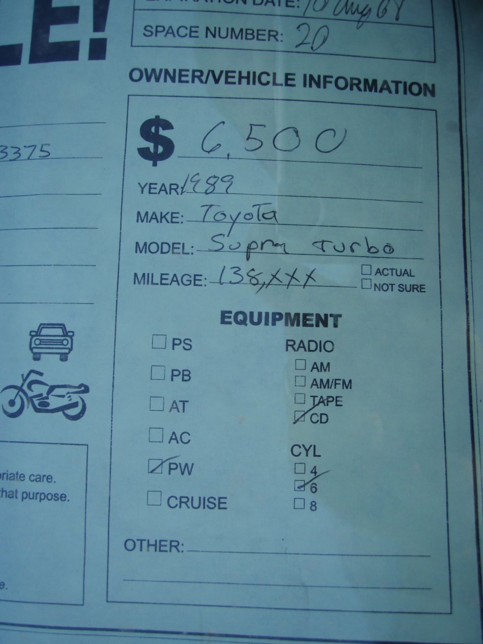 Vehicle document detailing a 1989 Toyota Supra Turbo with price, mileage, and selected options.