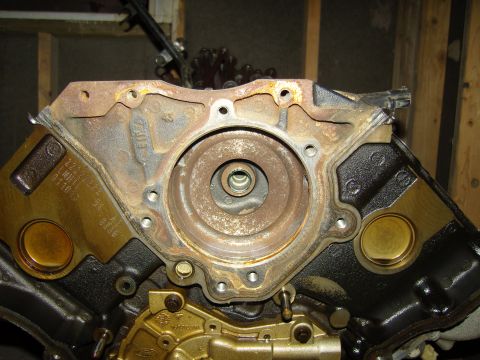 2007 Ford Mustang - Photograph of a disassembled V-engine block showing the front timing cover area and gasket surfaces, not a technical document.