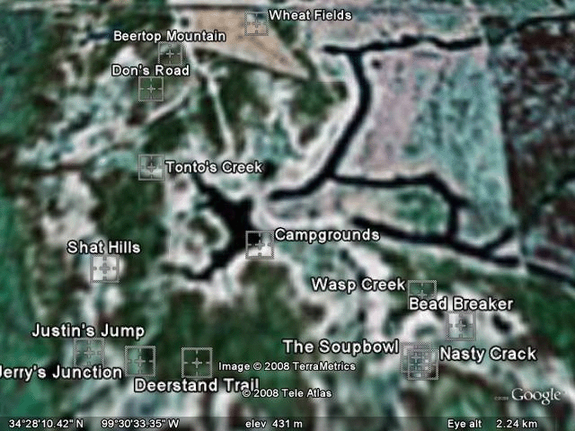 Satellite map of a rural area with various locations labeled.