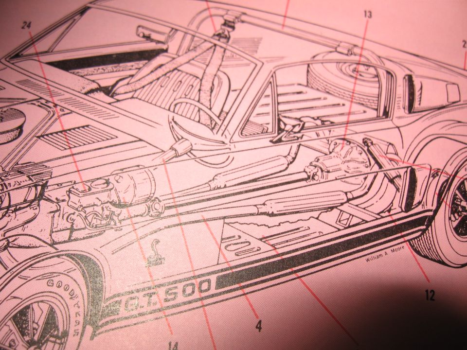 Line drawing of a 1968 Shelby GT500 showing engine, drivetrain, and interior.