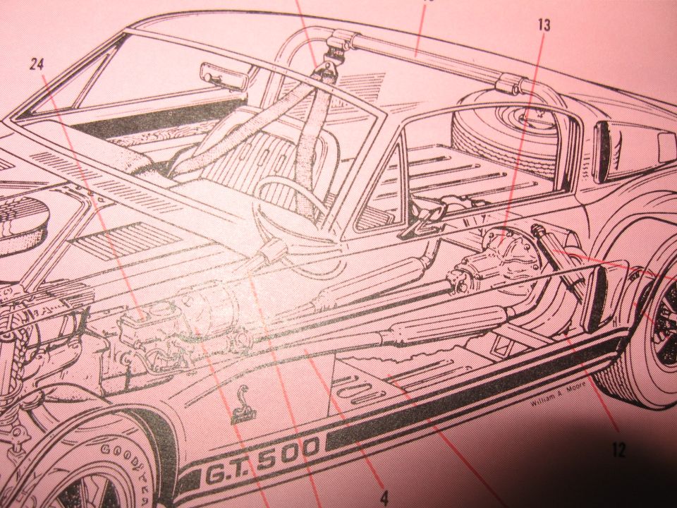 Line drawing of a 1968 Shelby GT500 showing interior and mechanical cutaway.