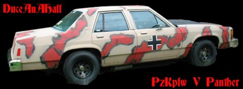 1997 Ford Crown Victoria - This sedan features a unique camouflage paint scheme and a prominent German cross emblem on its side.
