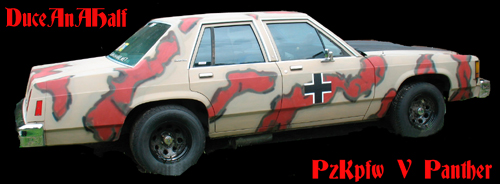Tan sedan with red camouflage pattern and a black German cross on the door. Text above reads 'Duce An'Half' and below reads 'Pzkpfw V Panther'