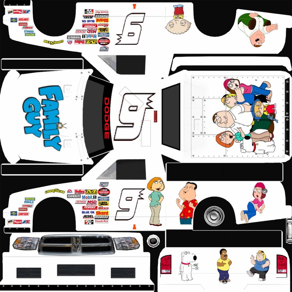 Dodge race car livery with Family Guy characters and sponsor decals