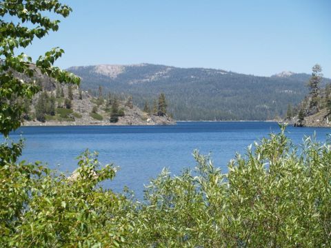 1999 Jeep Grand Cherokee - A scenic view of a calm lake with forested mountains in the background, framed by green foliage.