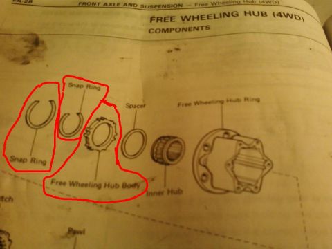 1985 Toyota Hilux - This diagram illustrates the various parts that make up a free wheeling hub assembly for a 4WD vehicle.