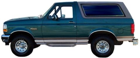 1996 Ford Bronco - This 1996 Ford Bronco is shown from its side profile, highlighting its two-tone paint scheme and classic SUV design.
