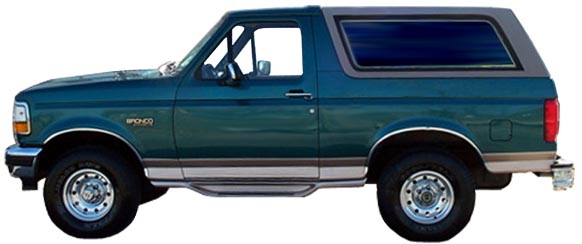 Green 1996 Ford Bronco side view with tan trim and chrome wheels