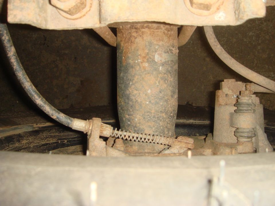Rear disc brake assembly with brake line and spring
