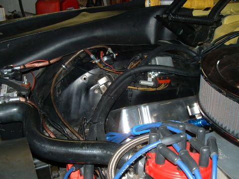 1978 Ford Ranchero - Engine bay components including wiring, distributor cap, and air filter housing.