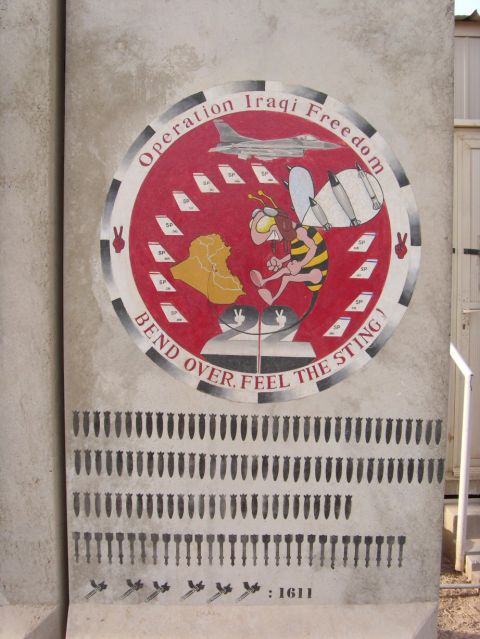 1978 Ford Bronco - Mural artwork related to Operation Iraqi Freedom, a bee and military imagery.