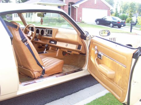 1979 Chevrolet Camaro - Interior view of a classic car with tan upholstery and a view of another vehicle parked in the driveway.