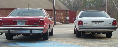1991 Ford LTD Crown Victoria - Two 1991 Ford Crown Victoria LTD sedans are parked next to each other, showing their rear ends.