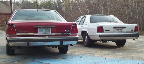 1991 Ford LTD Crown Victoria - Two Ford Crown Victorias are parked side-by-side, showing their rear ends.