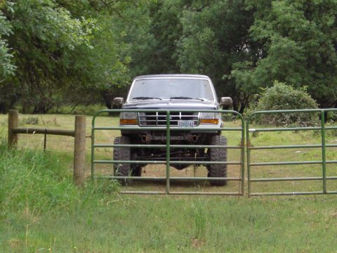 1993 Ford Bronco - A lifted dark green Ford Bronco is seen from the front, partially obscured by a gate.