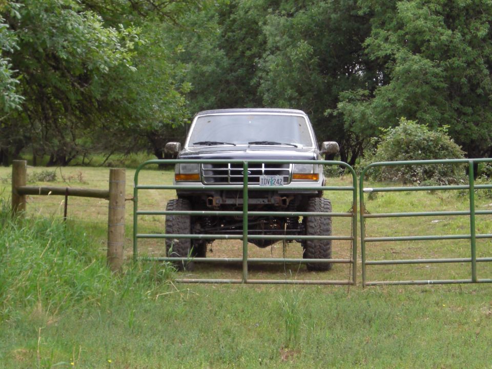 Dark green lifted Ford Bronco with large tires parked behind a green metal gate
