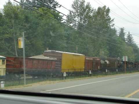 1992 Ford Taurus - A line of train cars, including a bright yellow boxcar and red gondola cars, sits on tracks next to a paved road and a dense forest.