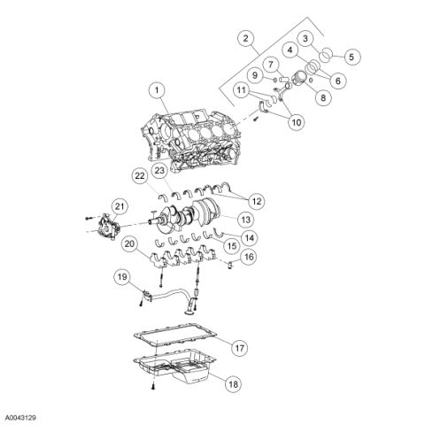 2007 Ford Mustang - Exploded parts breakdown of an engine block showing crankshaft, pistons, bearings, oil pump and pan with numbered callouts.